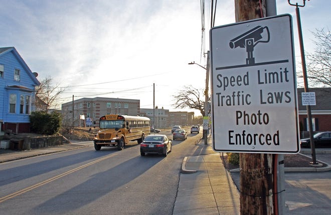 A traffic speed camera on Thurber Avenue monitors the school zone at Juanita Sanchez Educational Complex in Providence in March. [The Providence Journal, file / David DelPoio]