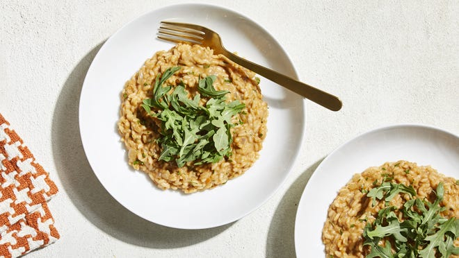Almost No-Stir Caramelized Carrot Risotto. (Photo by Tom McCorkle for The Washington Post. Food styling by Lisa Cherkasky for the Washington Post)