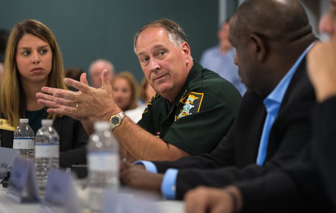 Sarasota County Sheriff Tom Knight addresses other local leaders during a school security meeting on Tuesday. [Herald-Tribune staff photo / Dan Wagner]