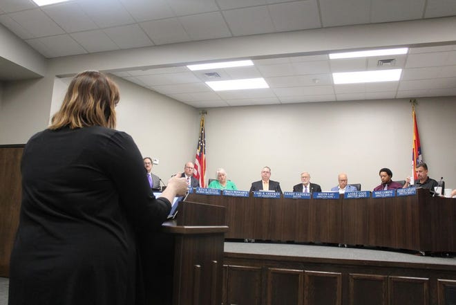 Fort Smith city finance director Jennifer Walker explains an adjustment to the city's 2018 operating budget to the city board of directors on Thursday, June 19, 2018, in the Fort Smith Public Schools Service Center. [MAX BRYAN/TIMES RECORD]