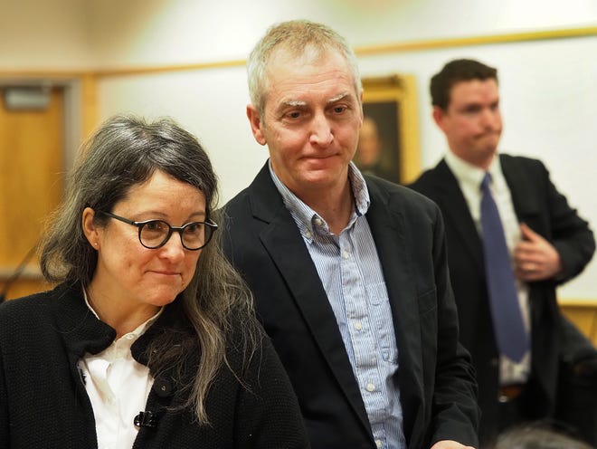 Barbara Jenny and her husband Matthew Beebe appear in Rockingham County Court in Brentwood in April, as they appealed the city of Portsmouth's cease-and-desist notice for the short-term rental of their house they own and rent through Airbnb. [Rich Beauchesne/Seacoastonline, file]