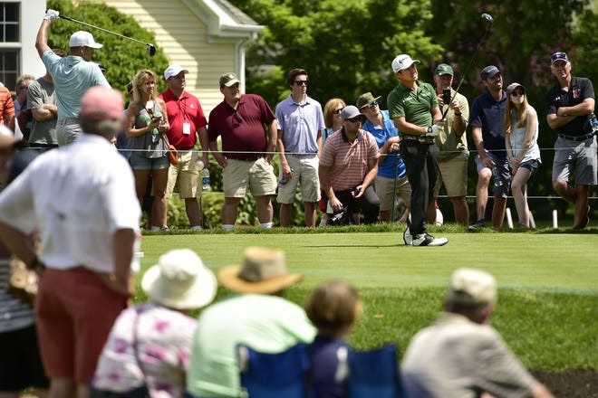 Brian Harman watches his tee shot on the sixth hole during the second round of the Travelers Championship at TPC River Highlands in Cromwell, Conn., Friday. Harman is the leader. [AP photo]