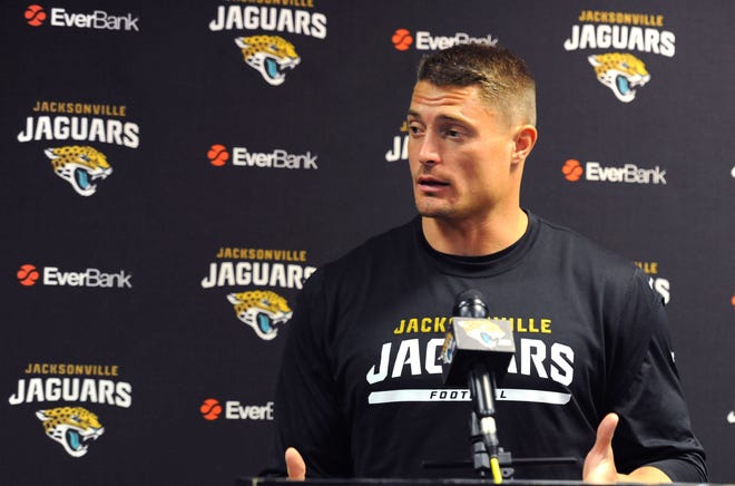 Bob.Mack@jacksonville.com - 7/27/16 - Linebacker Paul Posluszny held Q&A sessions with the media. On Wednesday July 27, 2016 the NFL's Jacksonville Jaguars veterans reported to training camp today. Fans from the Jacksonville Jaguars Booster Club were on hand to collect autographs outside EverBank Field in Jacksonville, FL. (The Florida Times-Union, Bob Mack)