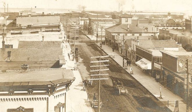 An early view of the intersection of Main and State Streets, looking north from Main and Backus, ca. 1890.