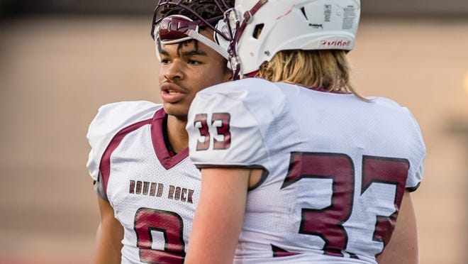 Dragon receivers Collin Sullivan and Garrett Miller. Round Rock played their spring football game at Dragon Stadium on May 17, 2018. Henry Huey for Round Rock Leader.