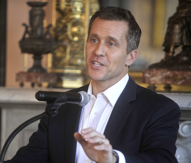 Gov. Eric Greitens answers questions from the media during the Missouri Press Association Governor's Luncheon at the governor's mansion on Feb. 8. [Don Shrubshell/Tribune]