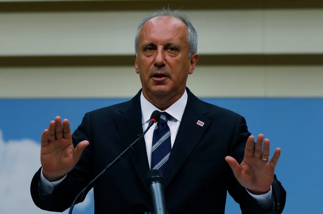 A day after elections, Muharrem Ince, the candidate of Turkey's main opposition Republican People's Party, gestures as he talks during a news conference in Ankara, Turkey, Monday, June 25, 2018. Turkey's president Recep Tayyip Erdogan, 64 who has dominated Turkish politics for the past 15 years, is the winner of Sunday's polls and was set to extend his rule with sweeping new powers after winning landmark presidential and parliamentary elections. (AP Photo/Burhan Ozbilici)