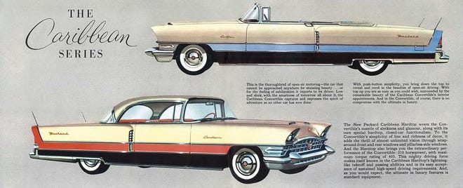 The 1955 and 1956 Packard Caribbean was Packard’s last stand-alone effort as partner Studebaker would eliminate the line soon after. Today, a pristine Caribbean convertible from 1955 or a hardtop or convertible from 1956 are prized collector possessions. [Packard Motor Company]