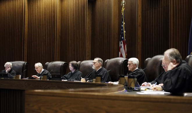 Justices listen to arguments during a school funding hearing before the Kansas Supreme Court in Topeka, Tuesday, May 22, 2018. [May 2018 file photo/The Associated Press]