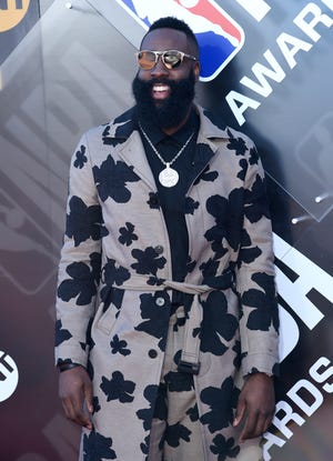 NBA player James Harden, of the Houston Rockets, arrives at the NBA Awards on Monday in Santa Monica, Calif. [Richard Shotwell/Invision/AP]