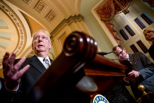 Senate Majority Leader Mitch McConnell of Ky., speaks with reporters following a closed door luncheon on Capitol Hill in Washington, Tuesday, June 26, 2018. (AP Photo/Andrew Harnik)
