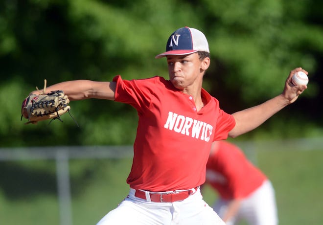 NORWICH 06-26-2018 AARON FLAUM: Norwich's Daniel Blair fires in a pitch against Ledyard during a game at Dickenman Field.

[Aaron Flaum/NorwichBulletin.com]