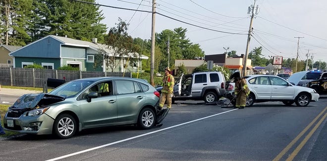 This file photo shows a four-car accident that injured two people in Gonic in August 2017. The crash occurred along a hazardous stretch of Route 125 that will be upgraded as part of a $400,000, federally funded highway safety project in 2019. [Photo courtesy of the Rochester Police Department]