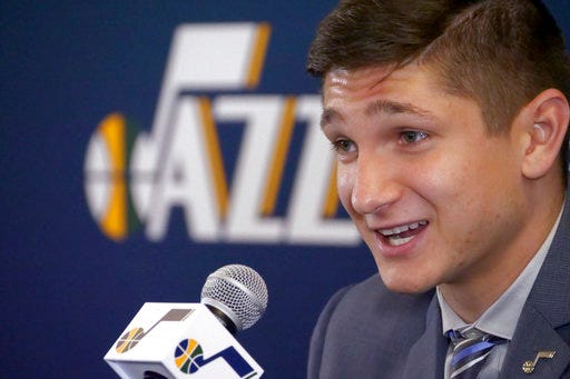 Utah Jazz draft pick Grayson Allen speaks during a news conference Wednesday, June 27, 2018, in Salt Lake City. Allen was the 21st overall pick in the NBA basketball draft. (AP Photo/Rick Bowmer)