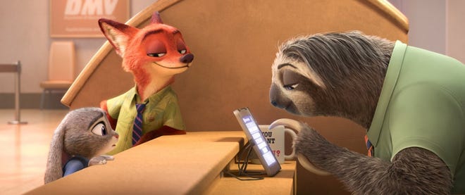 A scene from "Zootopia" with characters, from left, Judy Hopps (voiced by Ginnifer Goodwin), Nick Wilde (Jason Bateman) and Flash (Raymond S. Persi). Photo courtesy of Disney