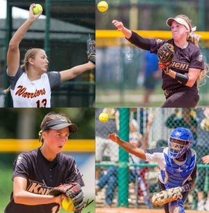West Nassau's Skylar Whitty, upper left, Oakleaf's Madisyn Davis, bottom left, and Rebecca Koskey, upper right and Trinity Christian's MacKenzie Marell, bottom right, are among the All-First Coast softball selections. [Photos by Brian LaCross and Gordon Radford, For the Times-Union]