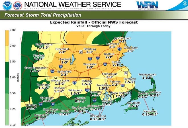 Parts of Rhode Island could get up to 2 inches of rain, the weather service says.