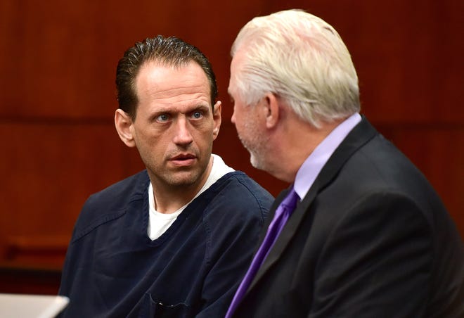 PETER.WILLOTT@STAUGUSTINE.COM

James Colley, left, talks with his attorney Gary Woods before the start of a hearing before Judge Howard Maltz in the St. Johns County Courthouse on Tuesday, October 10, 2017. Colley is accused of shooting and killing his wife, Amanda Cloaninger Colley and her friend, Lindy Mosler Dobbins on Aug. 27, 2015.