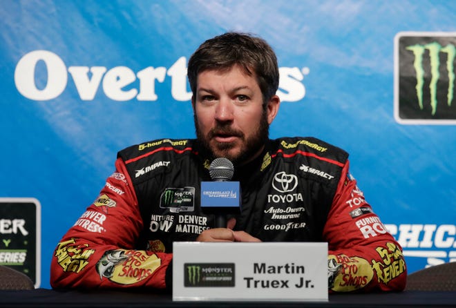 Martin Truex Jr., speaks at a news conference at Chicagoland Speedway in Joliet, Ill., Saturday, June 30, 2018. (AP Photo/Nam Y. Huh)