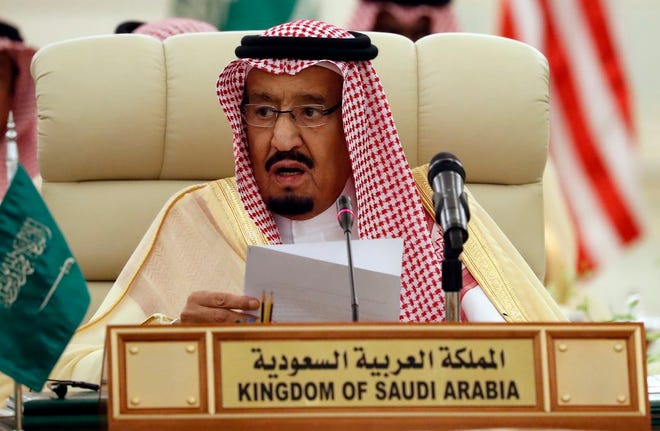 Saudi King Salman speaks during a meeting of the Saudi-Iraqi Bilateral Coordination Council with Secretary of State Rex Tillerson and Iraqi Prime Minister Haider al-Abadi, in Riyadh, Saudi Arabia in October 2017. President Donald Trump said he has received assurances from King Salman of Saudi Arabia that the kingdom will increase oil production, "maybe up to 2,000,000 barrels," in response to turmoil in Iran and Venezuela. Trump wrote on Twitter Saturday that he asked Salman to increase oil production "to make up the difference...Prices to high! He has agreed!" Saudi Arabia acknowledged the call took place, but mentioned no production targets.