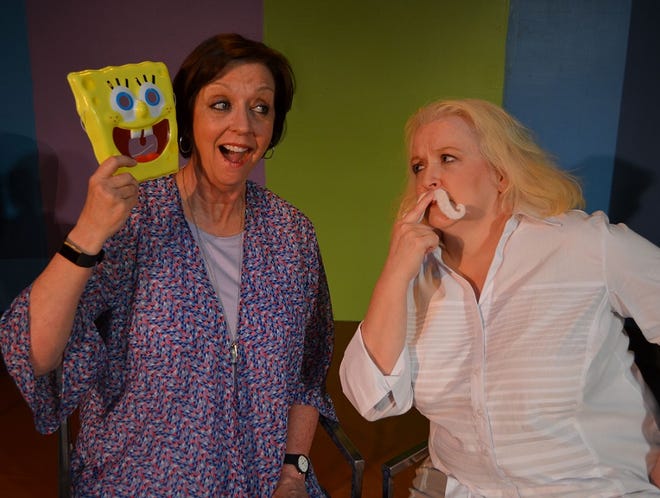 Angela (Lilli Bassett) tries to lighten up a session with her stone-faced shrink (Laurie Blankenship) in “My Brilliant Divorce,” playing at Carpenter Square Theatre June 29-July 21. Geraldine Aron’s bright comedy follows the exploits of Angela, a middle-aged American in London whose husband leaves her for an exotic 25-year-old. Photo provided