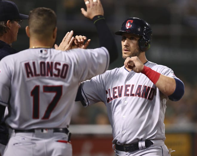 Cleveland Indians' Yan Gomes, right, is congratulated by Yonder Alonso (17) after scoring against the Oakland Athletics during the eighth inning of a baseball game Friday, June 29, 2018, in Oakland, Calif. (AP Photo/Ben Margot)