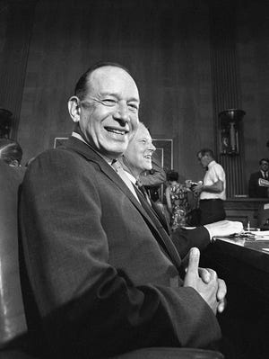 Associate Justice Abe Fortas is a smiling witness July 16, 1968, as he faces members of the Senate Judiciary Committee who are considering his nomination to be Chief Justice of the United States. [The Associated Press, 1968]