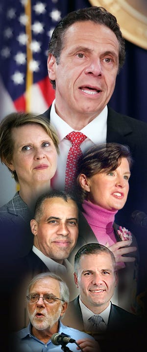 Candidates in the race for the 2018 New York State Governor's race, from top: Gov. Andrew Cuomo, Cynthia Nixon, Stephanie Miner, Larry Sharpe, Marcus Molinaro and Howie Hawkins. Candidate Greg Waltman not pictured. [OBSERVER-DISPATCH PHOTO ILLUSTRATION]
