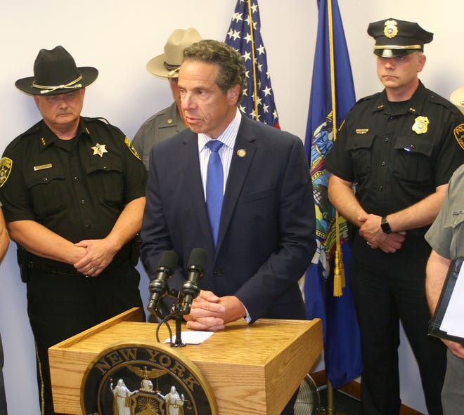 New York Governor Andrew Cuomo addressed the death of Trooper Nicholas Clark at a press conference at the Painted Post Trooper barracks Monday. [SHAWN VARGO/THE LEADER]