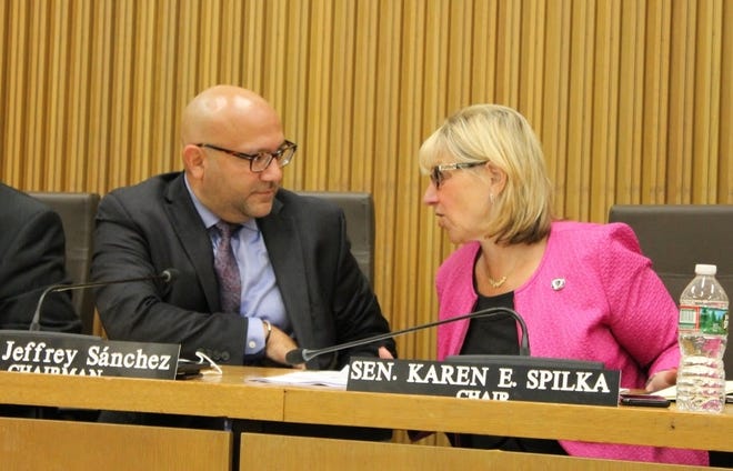 Ways and Means Chairs Rep. Jeffrey Sanchez, left, and Sen. Karen Spilka are leading interchamber negotiations on the fiscal 2019 budget, which was sent to conference on June 4. [State House News Service Photo/Sam Doran]