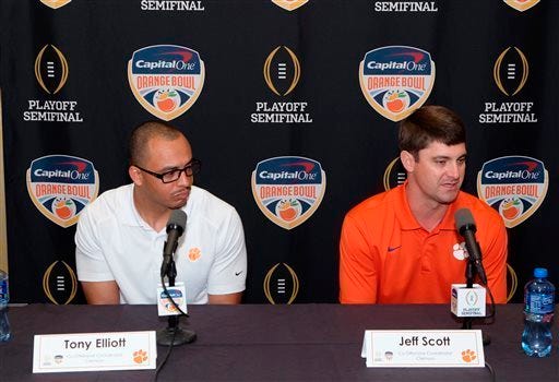 Despite helping Clemson win a national title as co-offensive coordinator, co-offensive coordinators Tony Elliott, left, has never interviewed for a head-coaching job. College football as a public entity can’t institute a Rooney Rule like the NFL to compel programs to interview minority candidates for head coaching jobs. So the NCAA is trying to do the next best thing by putting some of the rising coaching stars through its Champion Forum that better prepares them for the interview process in an effort to increase the diversity in the Power Five conferences and across the country. [Gaston De Cardenas/The Associated Press]