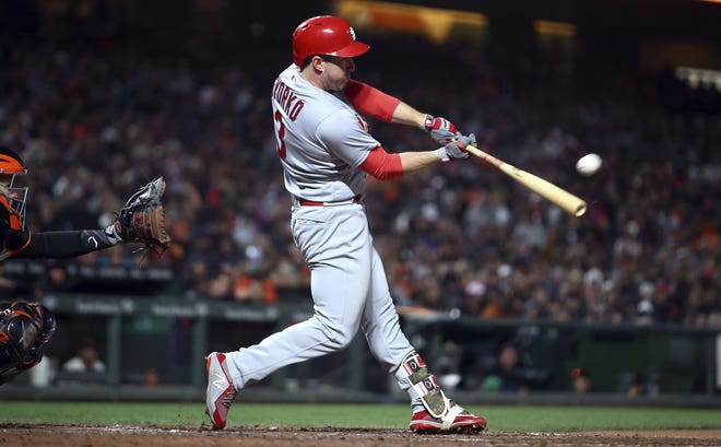 The St. Louis Cardinals' Jedd Gyorko connects for a two-run double off San Francisco Giants' Ty Blach during the sixth inning of Thursday's game, in San Francisco. [AP Photo/Ben Margot]