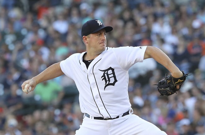Detroit Tigers starting pitcher Jordan Zimmermann throws during the first inning of a baseball game against the Texas Rangers, Friday, July 6, 2018, in Detroit. (AP Photo/Carlos Osorio)
