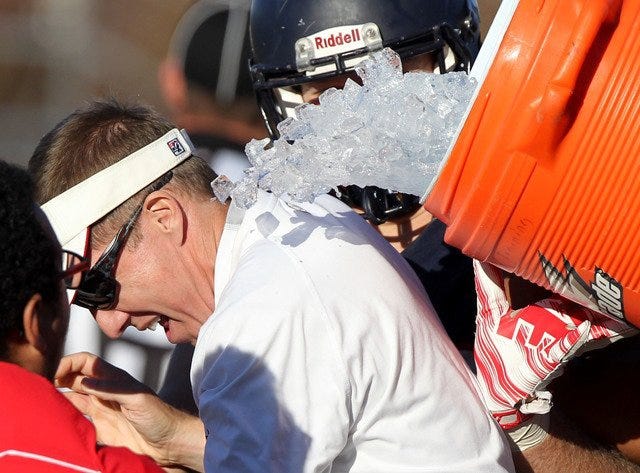Chris Douglas, a Poteau native and currently the head football coach at MacMurray College in Jacksonville, Ill., after winning the final game of the 2015 season against Maranatha Baptist University. [SUBMITTED PHOTO]