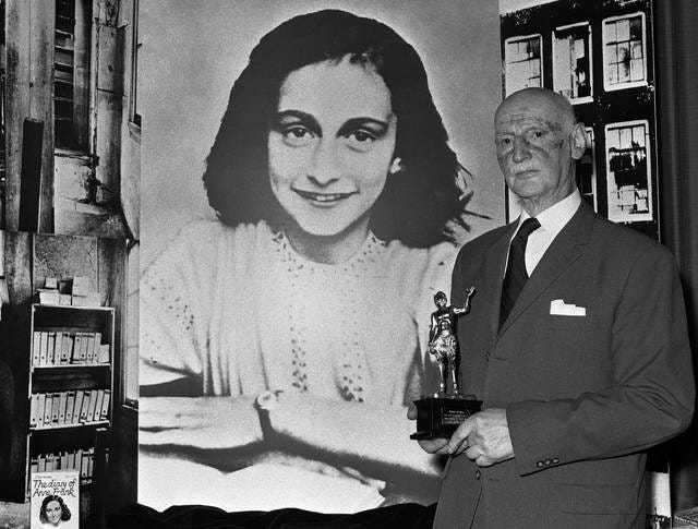 In this June 14, 1971 photo, Dr. Otto Frank holds the Golden Pan award, given for the sale of one million copies of the famous paperback ‘The Diary of Anne Frank’ in London, Great Britain. New research suggests that the family of Anne Frank, the world-famous Jewish diarist who died in the Holocaust, attempted to immigrate to the United States and later also to Cuba, but their efforts were tragically thwarted by America’s restrictive immigration policy, cumbersome bureaucracy and the outbreak of World War II. Only Otto Frank survived the holocaust. (AP Photo/Dave Caulkin, file)