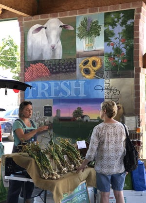Shannon Love of Love Grow Farm talks with a customer near a portion of the new mural at the Canandaigua Farmers Market.

[MIKE MURPHY/MESSENGER POST MEDIA]