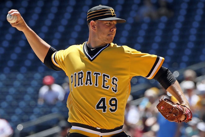Pittsburgh Pirates starting pitcher Nick Kingham delivers in the first inning of a MLB game against the Philadelphia Phillies in Pittsburgh on Sunday. [AP PHOTO/GENE J. PUSKAR]