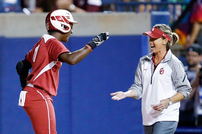 Oklahoma assistant Melyssa Lombardi (right) will replace Mike White as Oregon softball coach. [Ty Russell/University of Oklahoma]