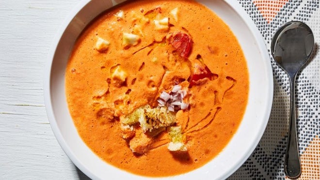 For an even thicker consistency in your gazpacho, add torn pieces of rustic bread before blending. Contributed by Stacy Zarin Goldberg for The Washington Post