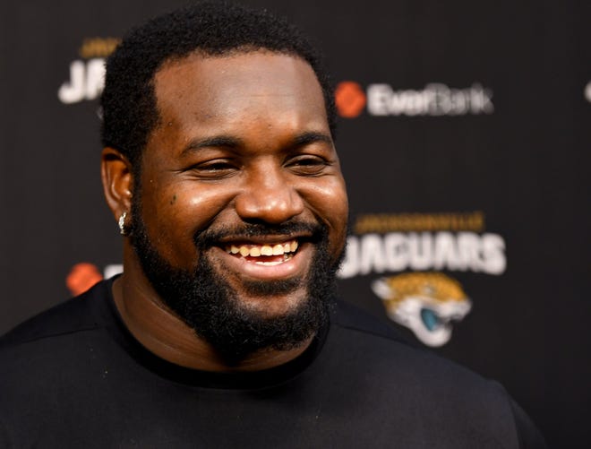 Jaguars defensive tackle Marcell Dareus speaks to the media on Oct. 30 after being acquired via trade. (Bob Mack/Florida Times-Union))