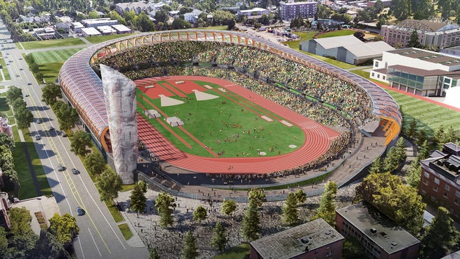The University of Oregon has released a new artist's rendering of its Hayward Field design, which shows a relocated Oregon Tower and a more open north side to the stadium. [University of Oregon]