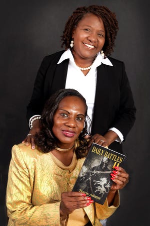 Local author Travis Adams, seated, will host a recital, book signing for "Daily Battles ll" and book sale from noon to 2 p.m. Friday July 20, Gaston County Public Library, 1555 E. Garrison Blvd., Gastonia. Call 704-868-2164. Pictured with her in this Gazette file photo is her publisher Cynthia Stitt. [JOHN CLARK/THE GAZETTE]