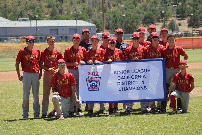 Members of the Yreka Little League Junior All-Star team pose for a photo. Front row: Colton Knight, Steele Criner. Middle row: Rance Zedicker, Joe Callahan, Trey Bennett, Colby Persing, Aiden Miller, Tristan Zedicker, Quentin Yates, Brandon Randall. Back row: Coach Steve Rizzardo, Forrest Dean, Manager Cody Knight, Isaac Deppen, Coach Christian Charles, Kobe Houston. Not pictured, Mike Vann. Photo courtesy of Nicole Suter