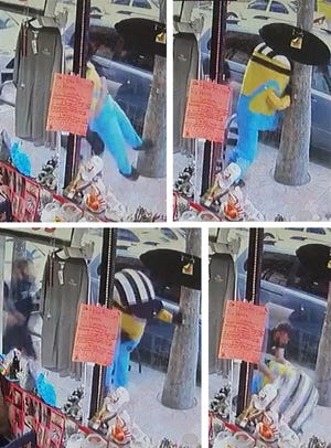 These images from surveillance video show Ryan Niart (black shirt) seemingly atacking a man in a Minion suit.