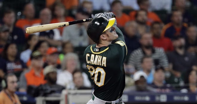 Oakland Athletics' Mark Canha watches his two-run single during the eighth inning of a baseball game against the Houston Astros on Thursday, in Houston. [AP Photo/David J. Phillip]