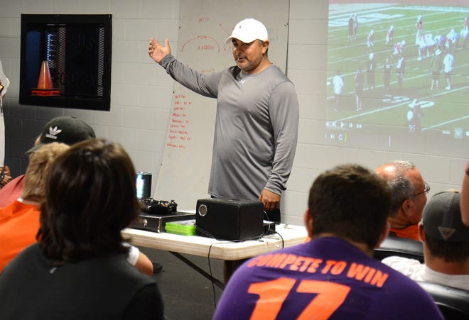 Sallisaw football head coach Randon Lowe talks with the team on Thursday, July 12, 2018. This will be Lowe's first season as the Black Diamonds head coach. [BRIAN D. SANDERFORD/TIMES RECORD]