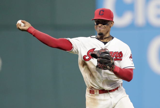 Cleveland Indians' Francisco Lindor throws out New York Yankees' Giancarlo Stanton on Friday in Cleveland. [AP Photo / Tony Dejak]