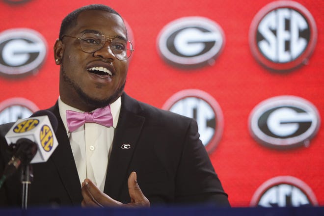 Georgia defensive end Jonathan Ledbetter speaks with the media at SEC Football Media Days in Atlanta on Tuesday at the College Football Hall of Fame in Atlanta. (Photo/Joshua L. Jones, Athens Banner-Herald)
