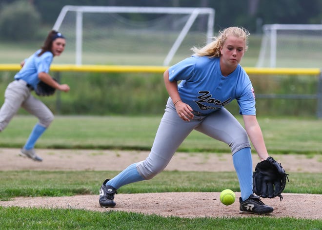 York's Madison Raymond reaches for a groundball during Monday's practice at Bog Road. York plays its first game at the Eastern Regional on Sunday in Bristol, Conn. [Matt Parker photo/Seacoastonline]