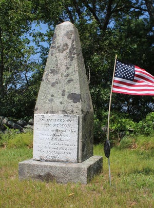 A memorial obelisk in Thompson Hill Cemetery honors Benjamin Simonds, also known as Ben Simon, a Wampanoag warrior who served with the Middleborough militia, and as a soldier in the American Revolution. A number of other Lakeville veterans of the War for Independence are buried nearby. [PHOTOS BY ROBERT BARBOZA/GAZETTE/SCMG]